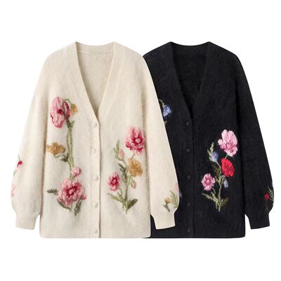 花朵刺绣V领针织开衫女