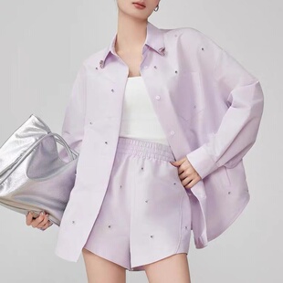 DN高端定制紫色重工钉珠长袖衬衫女2026春季新款宽松上衣