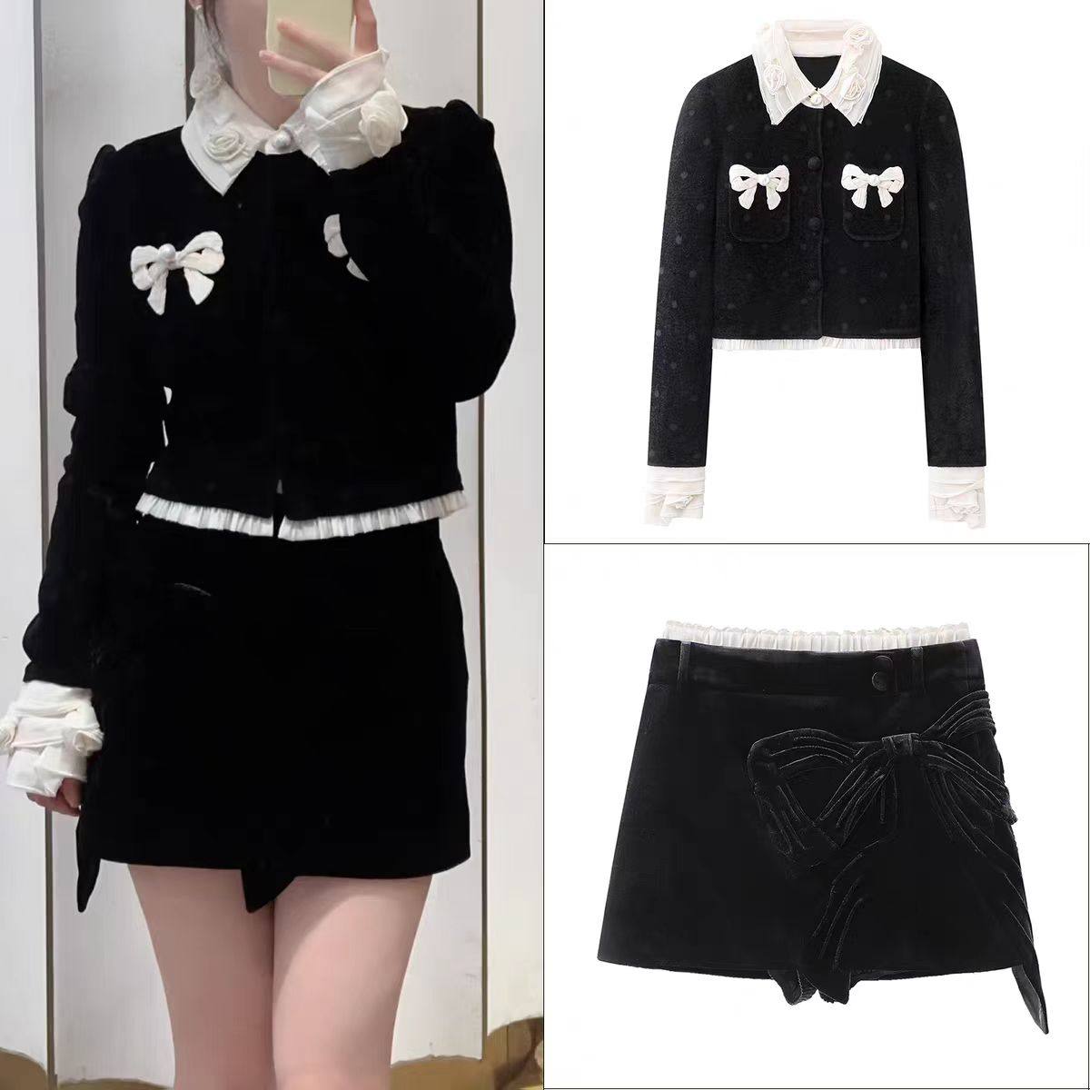 DN高端定制小香风蝴蝶结针织开衫女2025冬季撞色边短款毛衣轻奢风