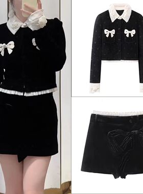 DN高端定制小香风蝴蝶结针织开衫女2025冬季撞色边短款毛衣轻奢风