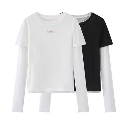 百搭宽松圆领拼接短袖T恤女