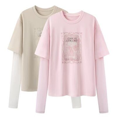 DN高端定制2025春季新款假两件网纱拼接花朵印花休闲长袖T恤女