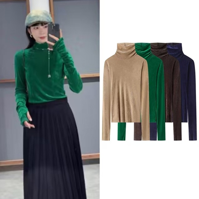 高领修身纯色长袖打底丝绒上衣女