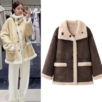 翻领皮毛一体宽松外套女