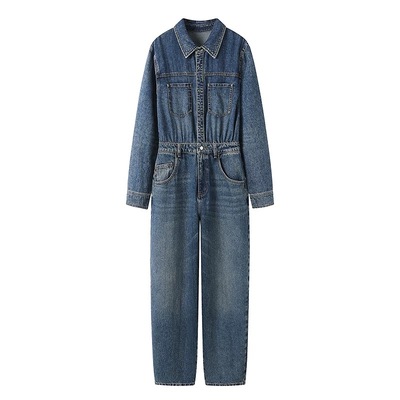 DN高端定制2025春季新款时尚百搭宽松设计感翻领牛仔连体裤女