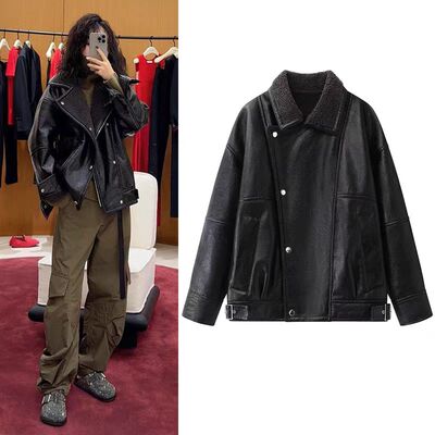 机车皮衣外套女2025冬季仿羊羔绒