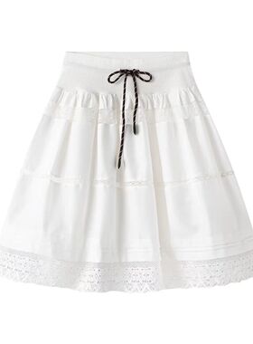 DN高端定制甜美风白色蕾丝拼接A字半身裙女松紧腰系带百搭短裙