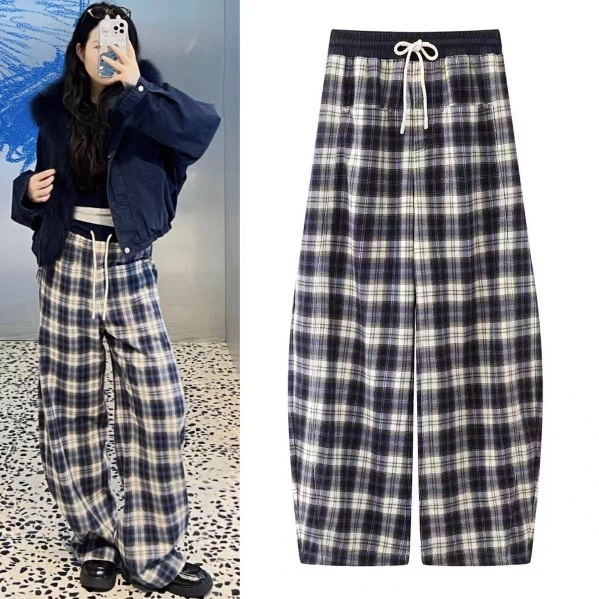 DN高端定制复古格纹阔腿裤高腰加绒松紧腰休闲裤女2025冬季新款,女装/女士精品,休闲裤,淘宝优惠券,粉丝福利购,淘宝优惠卷