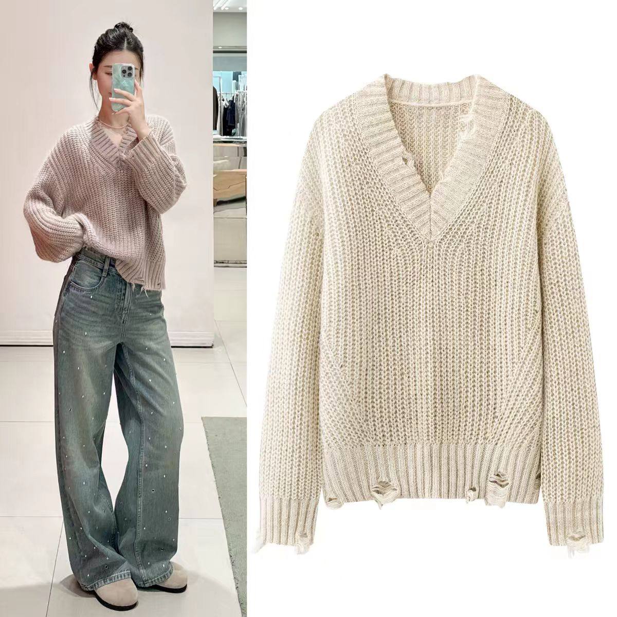 DN高端定制慵懒风V领破洞针织衫女宽松套头毛衣2025冬季新款