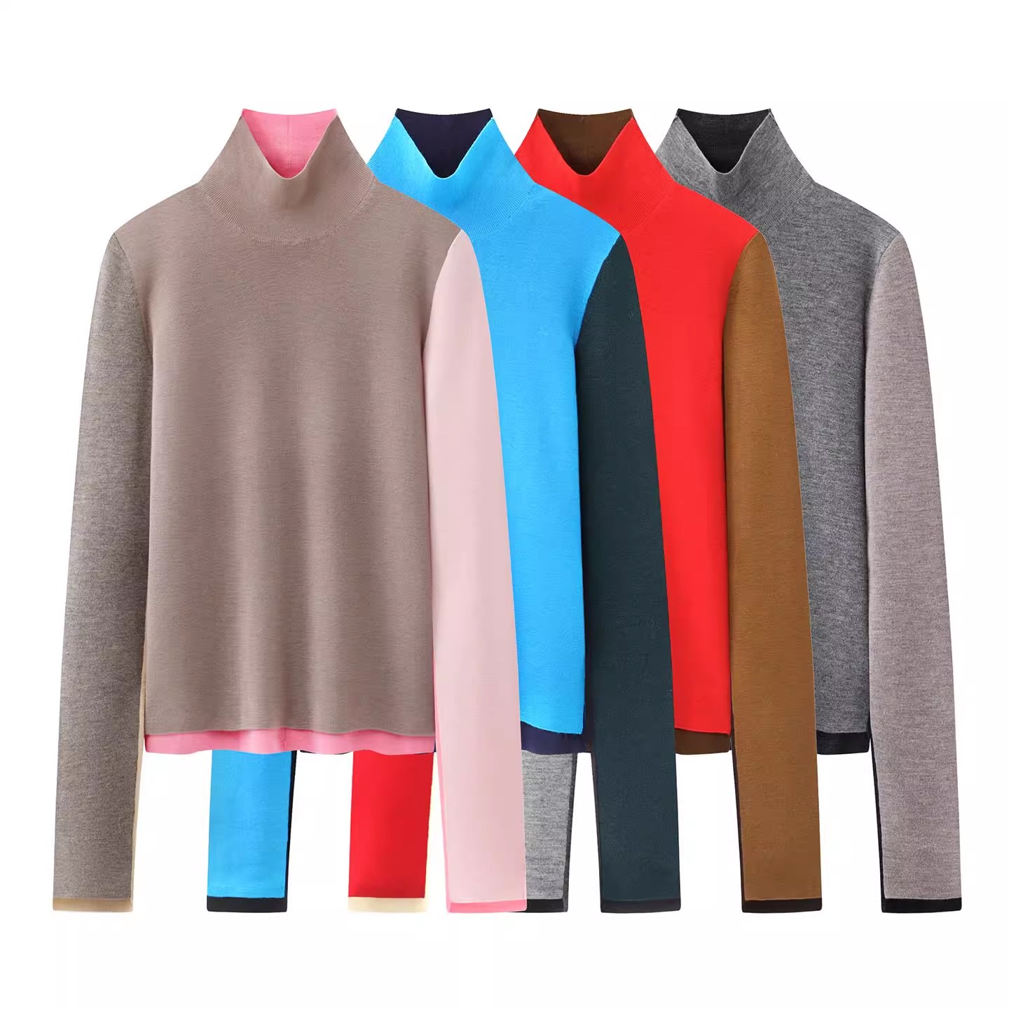 撞色拼接显瘦长袖针织打底衫