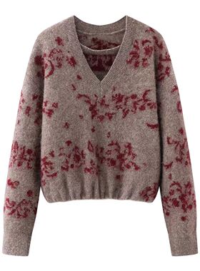 DN高端定制复古风V领印花针织衫女套头毛衣短款气质上衣