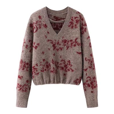 复古风V领印花针织衫女
