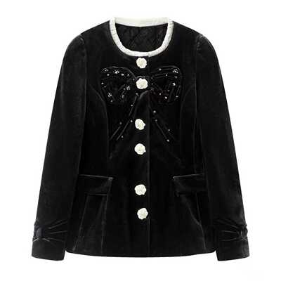 钉珠刺绣大蝴蝶结丝绒外套女