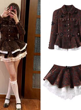 DN高端定制复古宫廷风提花翻领外套女蝴蝶结蕾丝拼接套装短外套
