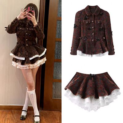 复古宫廷风提花翻领外套女