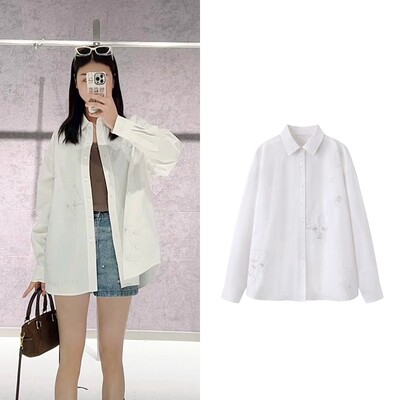 翻领宽松卡通印花长袖衬衫上衣女