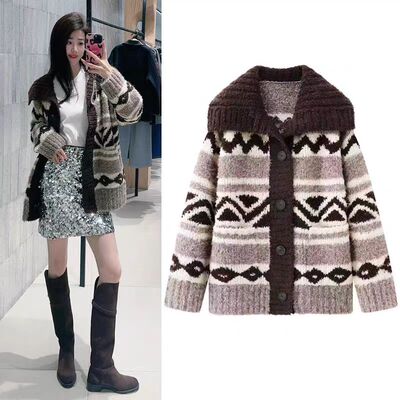 费尔岛风撞色提花针织开衫女