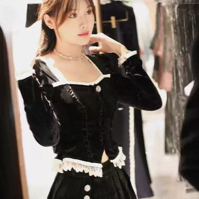 DN高端定制2025春季新款仙女宫廷风丝绒一字领衬衫上衣短裙套装女