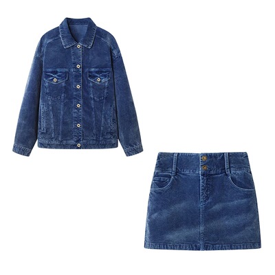 DN高端定制2025春季新款时尚百搭宽松设计感灯芯绒短外套半身裙女