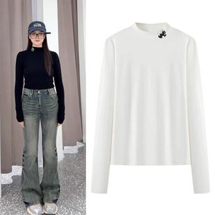 DN高端定制2025冬季新款时尚小立领熊猫刺绣长袖显瘦内搭T恤女