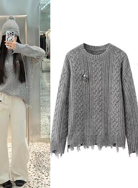 DN高端定制慵懒风破洞毛边套头针织衫女灰色毛球帽打底衫