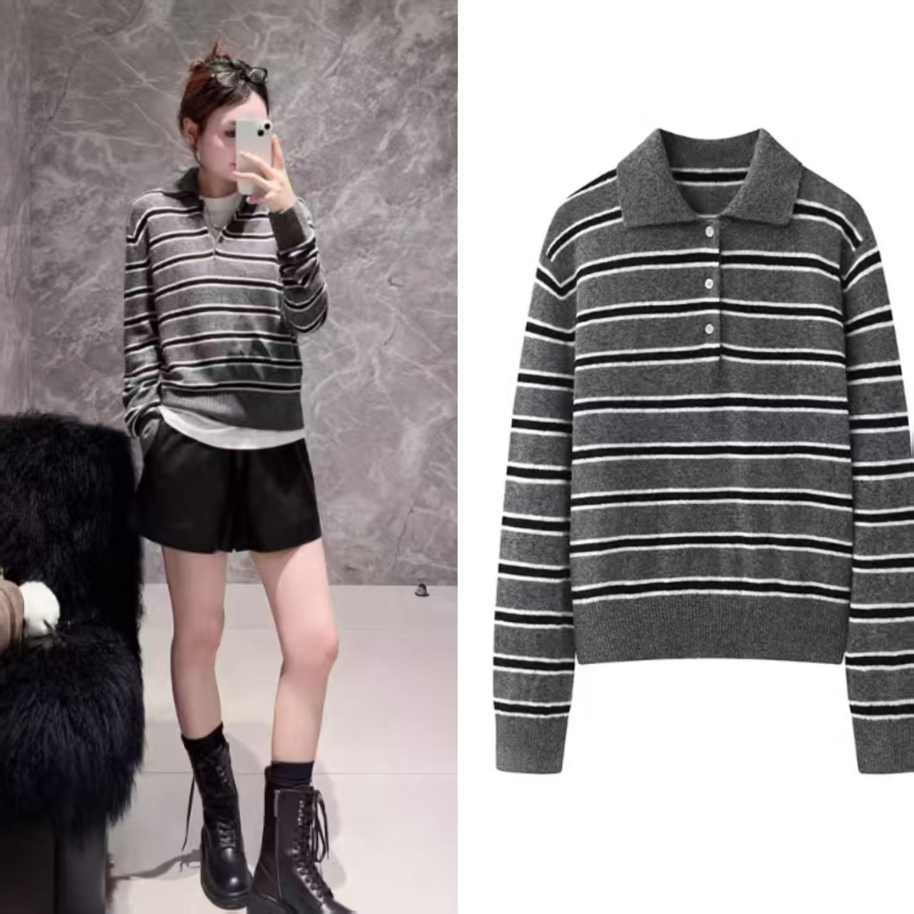 显瘦撞色polo领长袖套头针织上衣