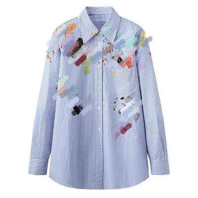 宽松条纹涂鸦印花衬衫上衣女