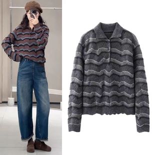 DN高端定制复古风撞色波浪条纹POLO领宽松套头针织衫女长袖毛衣