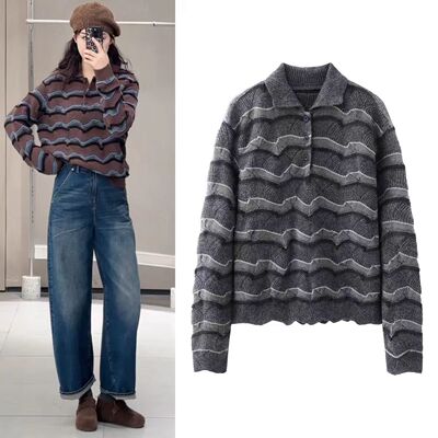 POLO领宽松套头针织衫女