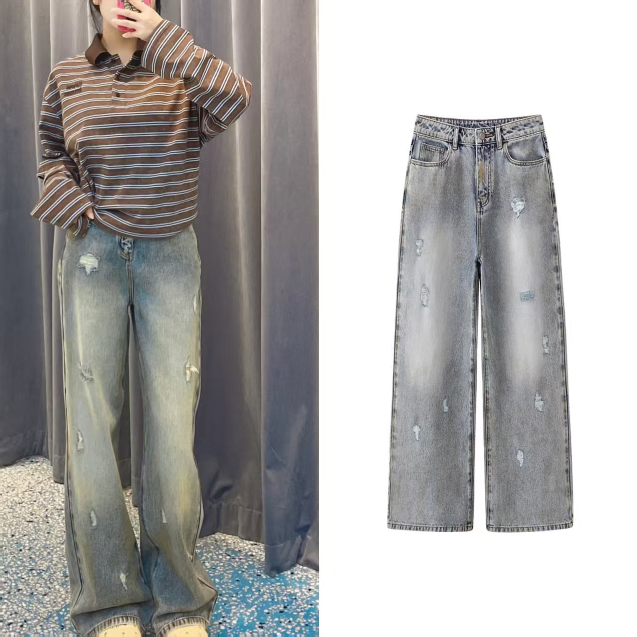 复古泥染磨损破洞直筒牛仔裤女