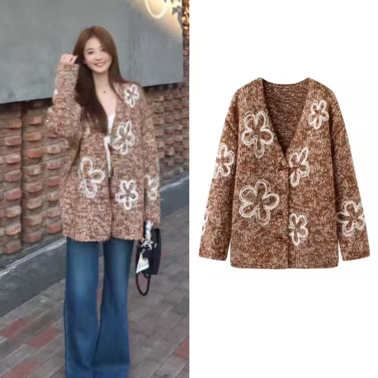 复古花朵刺绣牛角扣针织开衫女