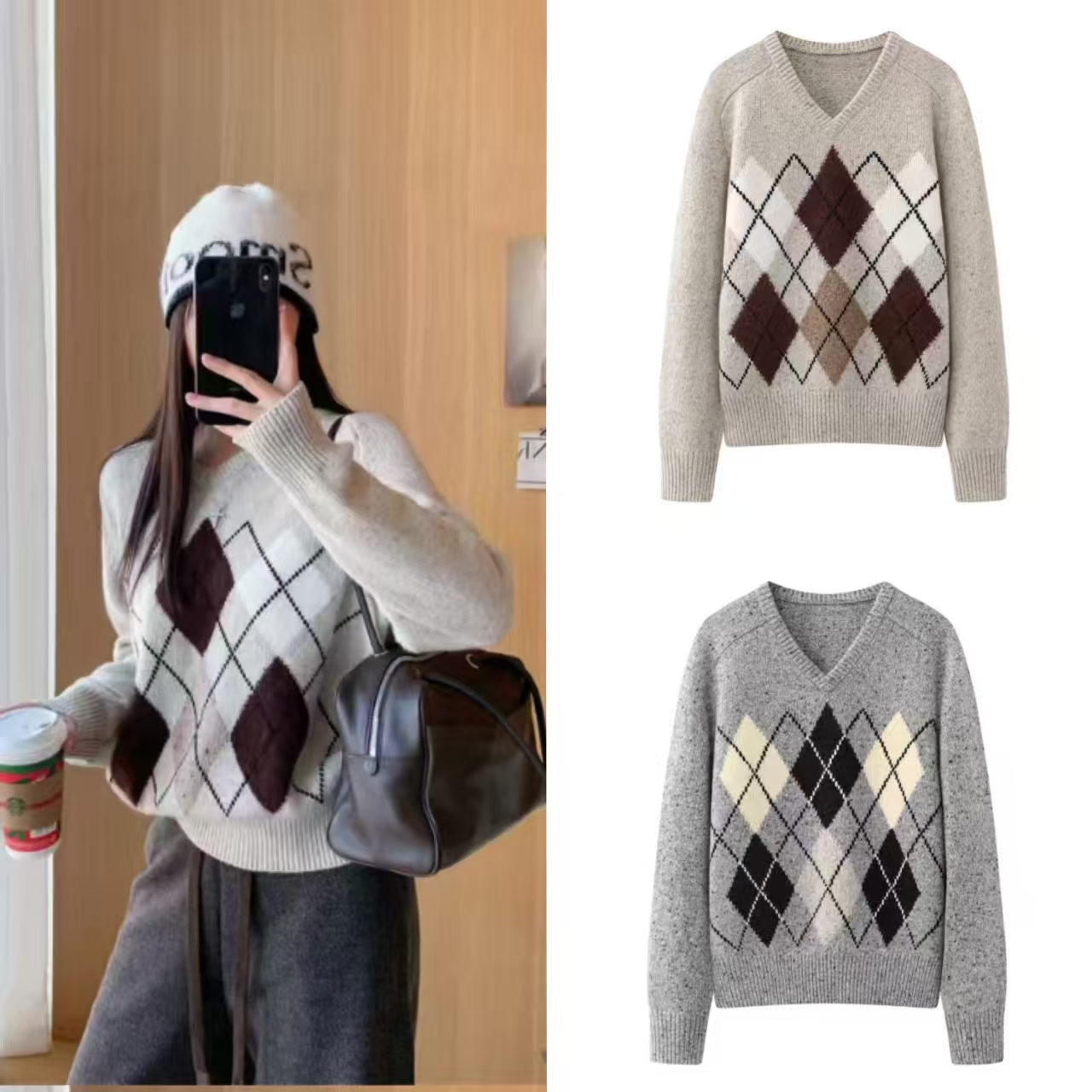 学院风V领菱格套头针织衫女