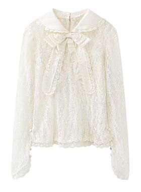 DN高端定制甜美风蝴蝶结蕾丝衬衫女2026新款长袖娃娃领白色上衣