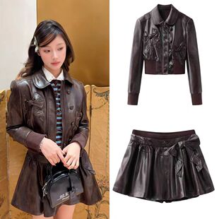 DN高端定制轻奢风蝴蝶结PU皮夹克女短款甜酷风外套高腰显瘦套装