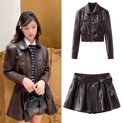 轻奢风蝴蝶结PU皮夹克女