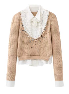 FN高端定制重工钉珠假两件针织衫女翻领百搭毛衣2025秋冬新款