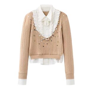 FN高端定制重工钉珠假两件针织衫女翻领百搭毛衣2025秋冬新款