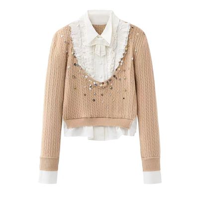 重工钉珠假两件针织衫女