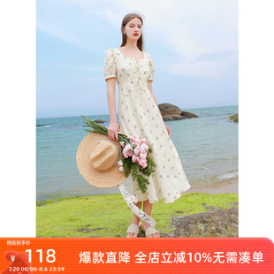 三彩2024夏季 小清新碎花裙印花連衣裙方領(lǐng)高腰長裙度假M(fèi) 新款