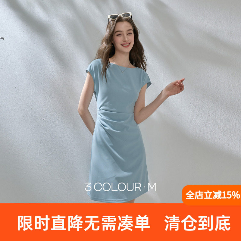 三彩2026夏季新款纯色连衣裙极简短袖A字裙短裙优雅气质M图片