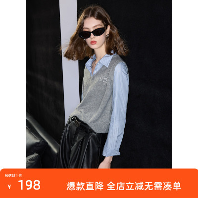 ibudu2025春季新款学院假两件长袖针织衫套头毛衣字母绣花女