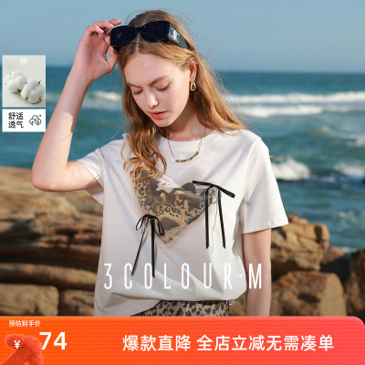 三彩2025夏季新款蝴蝶结T恤晕染豹纹短袖圆领套头衫休闲M