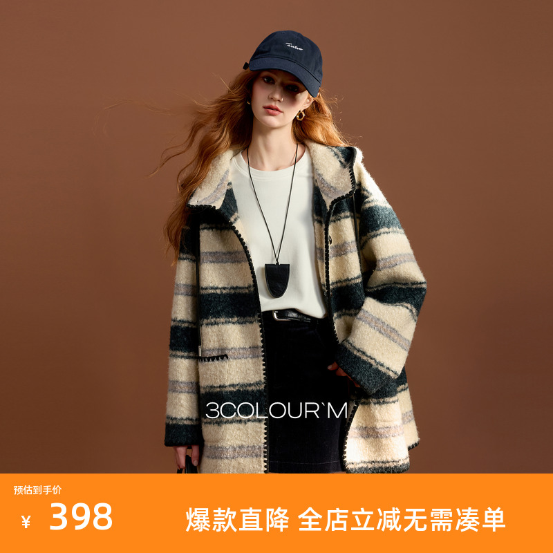 三彩2025冬季新款连帽条纹大衣毛呢外套中长宽松休闲复古M