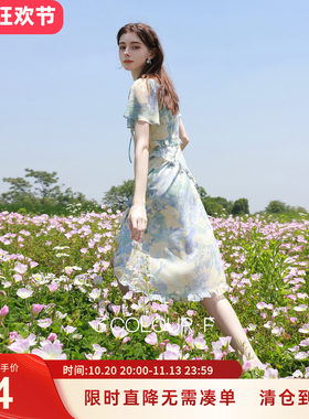 三彩独醒2026夏季新款荷叶边印花雪纺裙连衣裙度假风长裙F