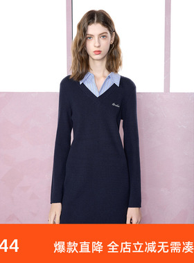 ibudu2025春季新款学院风假两件针织连衣裙字母绣花短裙女