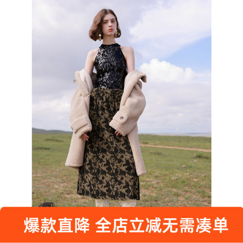 ibudu2024冬季新款复古国风高腰半身裙印花压皱灯芯绒长裙女