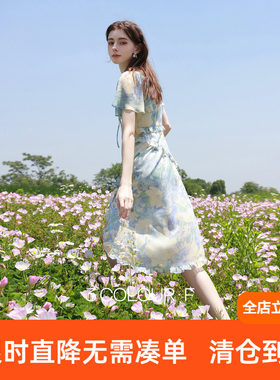 三彩独醒2026夏季新款荷叶边印花雪纺裙连衣裙度假风长裙F