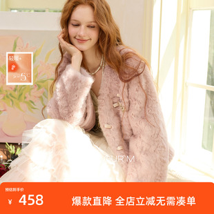 三彩2025冬季新款千金风V领环保皮草毛毛外套短款宽松仿皮草M