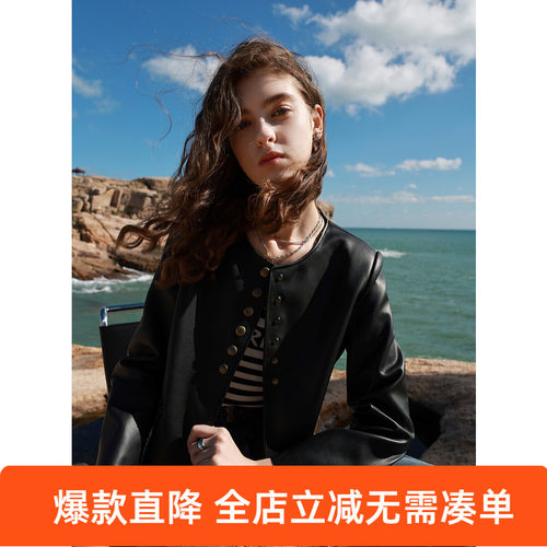 ibudu2025春季新款PU皮外套圆领单排扣短款宽松皮衣夹克女