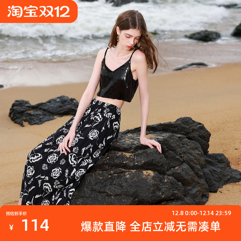 ibudu2025夏季新款松紧腰印花半身裙直筒开叉长裙复古女